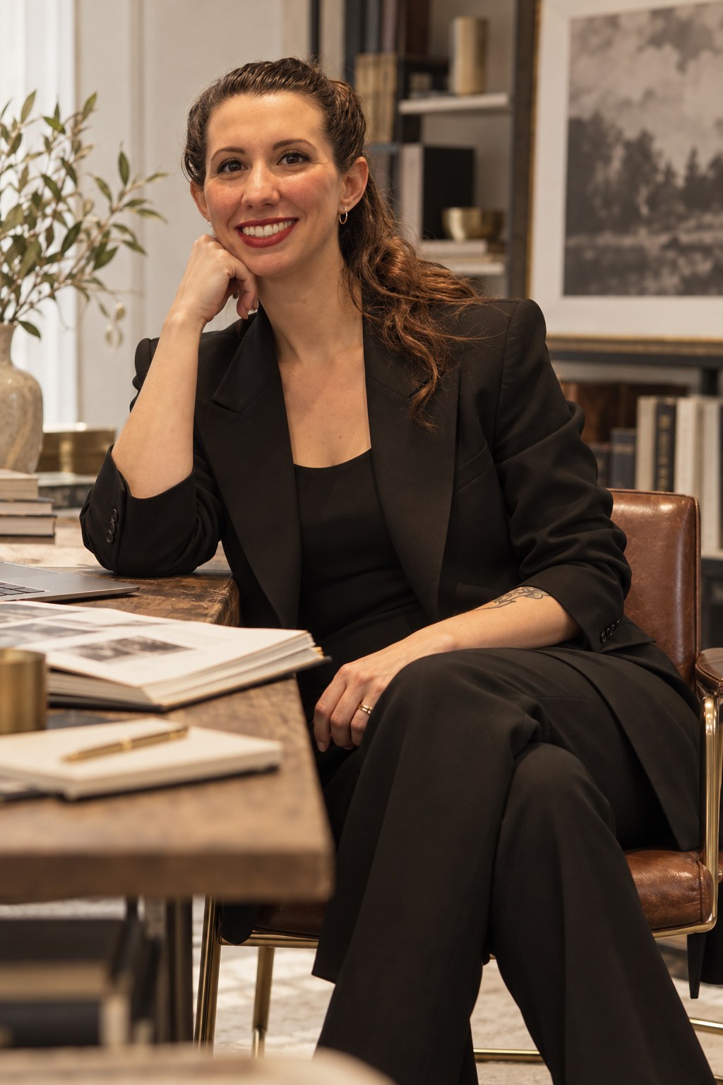 Lauren Raney seated in a warm editorial office with a photo album